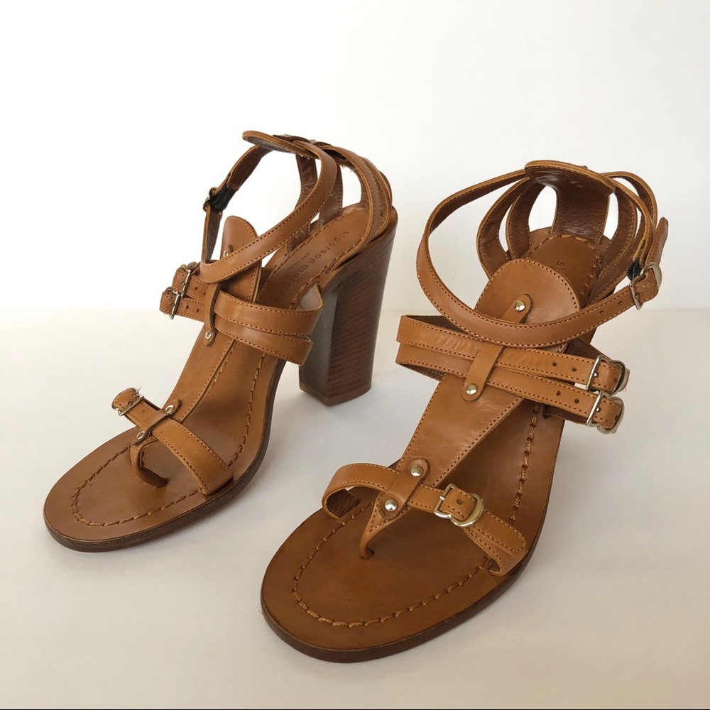 Sigerson Morrison Tan Leather Strappy Block Heel Ankle Strap Sandals 8